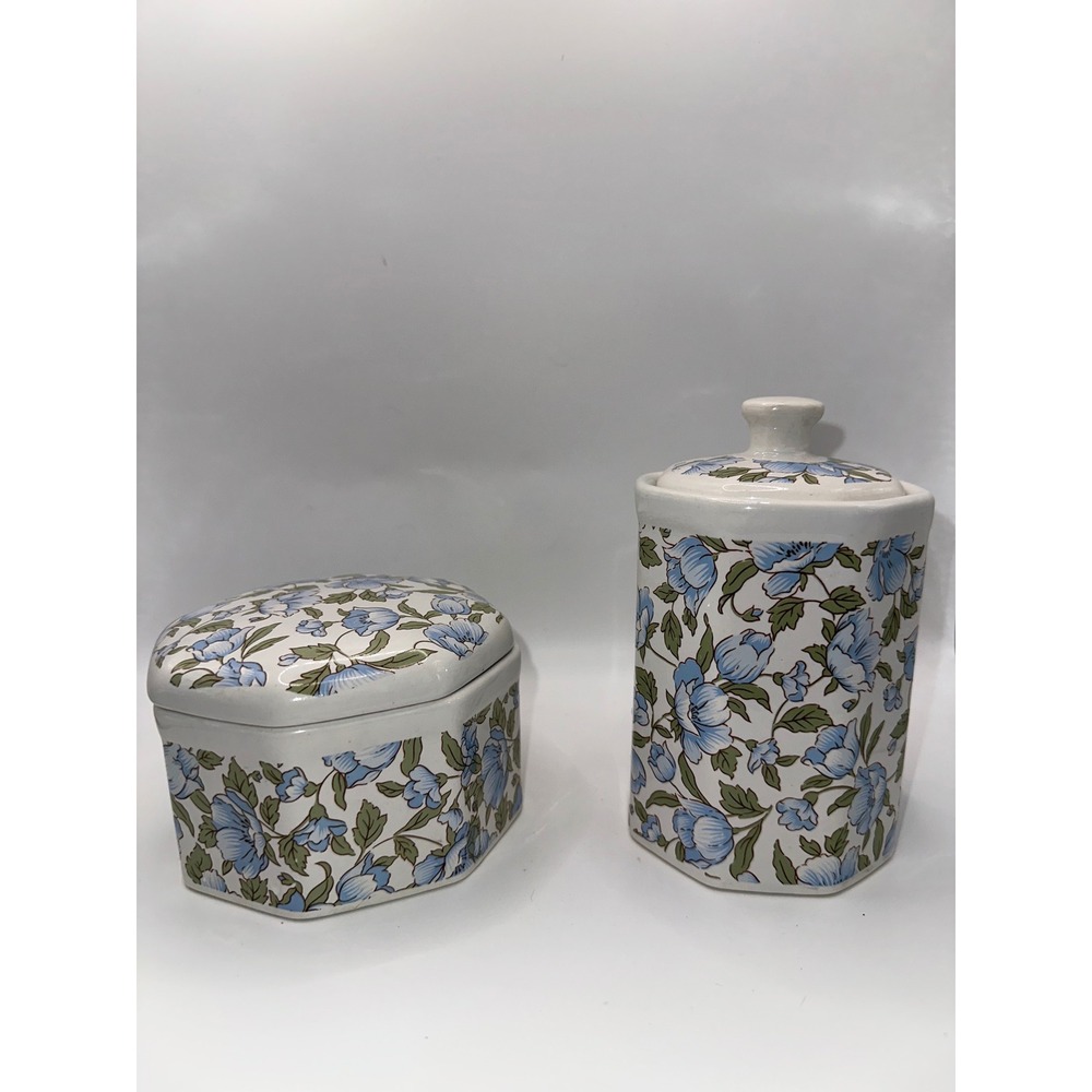 Blue Floral Hexagonal Ceramic Canister and Trinket Box Set Vintage Style Decor